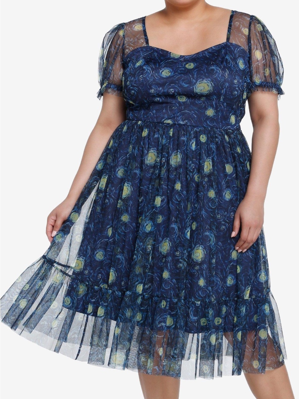 Plus Size Navy Starry Print Mesh Midi Dress